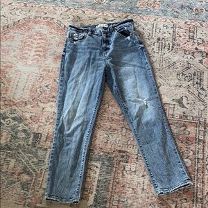 Blue Straight Leg Jeans with Vintage Distressing